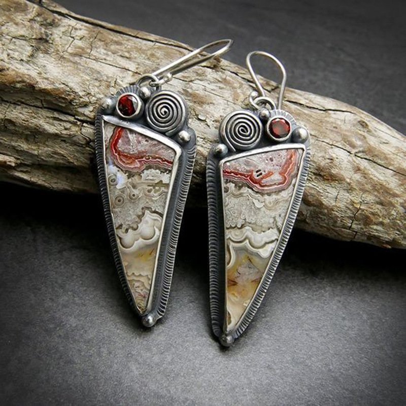 Ethnic style abstract pattern enamel earrings retro creative spiral design inlaid red diamond drop earrings for women