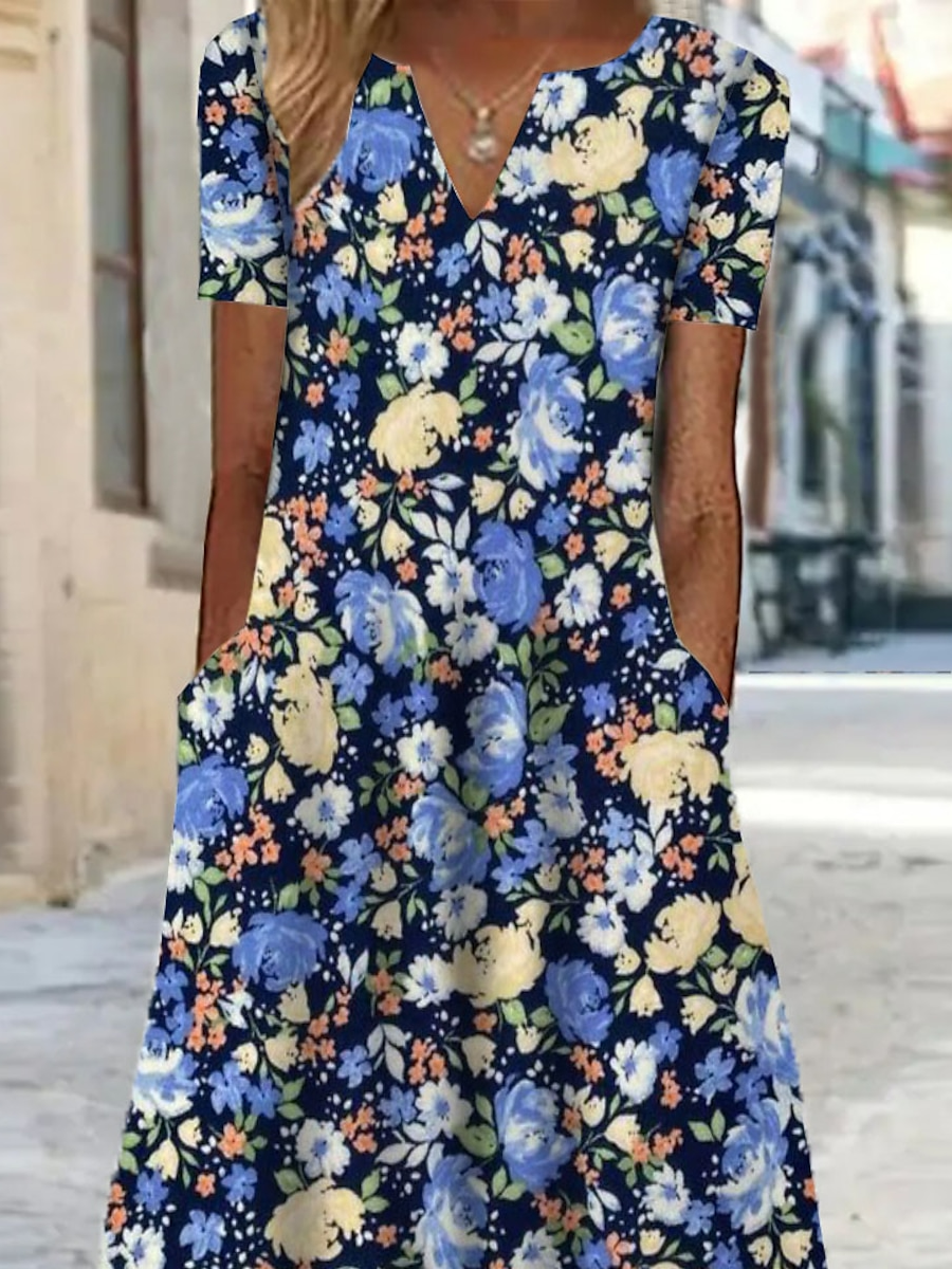 Casual Pocket Stitching Floral Loose Dress