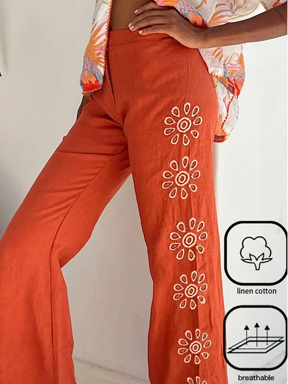 Cotton And Linen Loose Embroidery Casual Pants