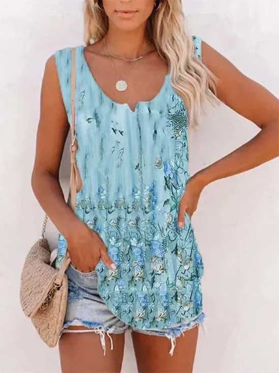 Floral-print V Neck Sleeveless Casual Top