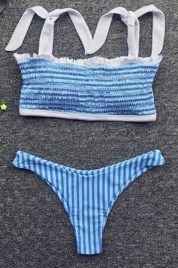 Blue Striped Tie Up Smocked Bikini Set Swimwear Zolucky Swimwear