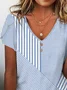 Abstract Stripes Casual Petal Sleeve V Neck Buckle T-Shirt