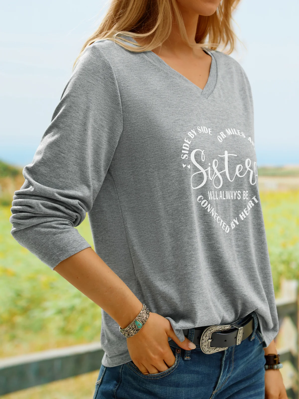 Women Sister Text Letters Regular Fit Jersey H-Line Casual V Neck Long Sleeve T-Shirt