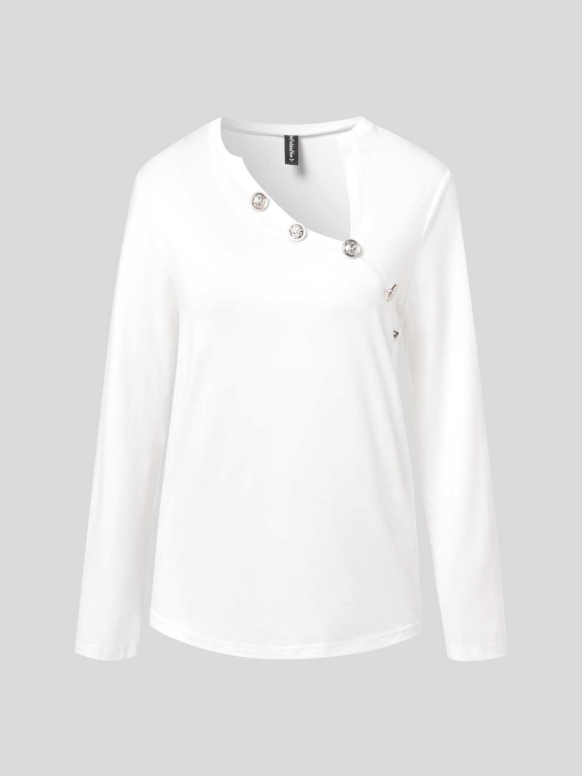 Cotton Asymmetrical Buttoned Design Buttoned Plain Casual Polyester T-Shirt