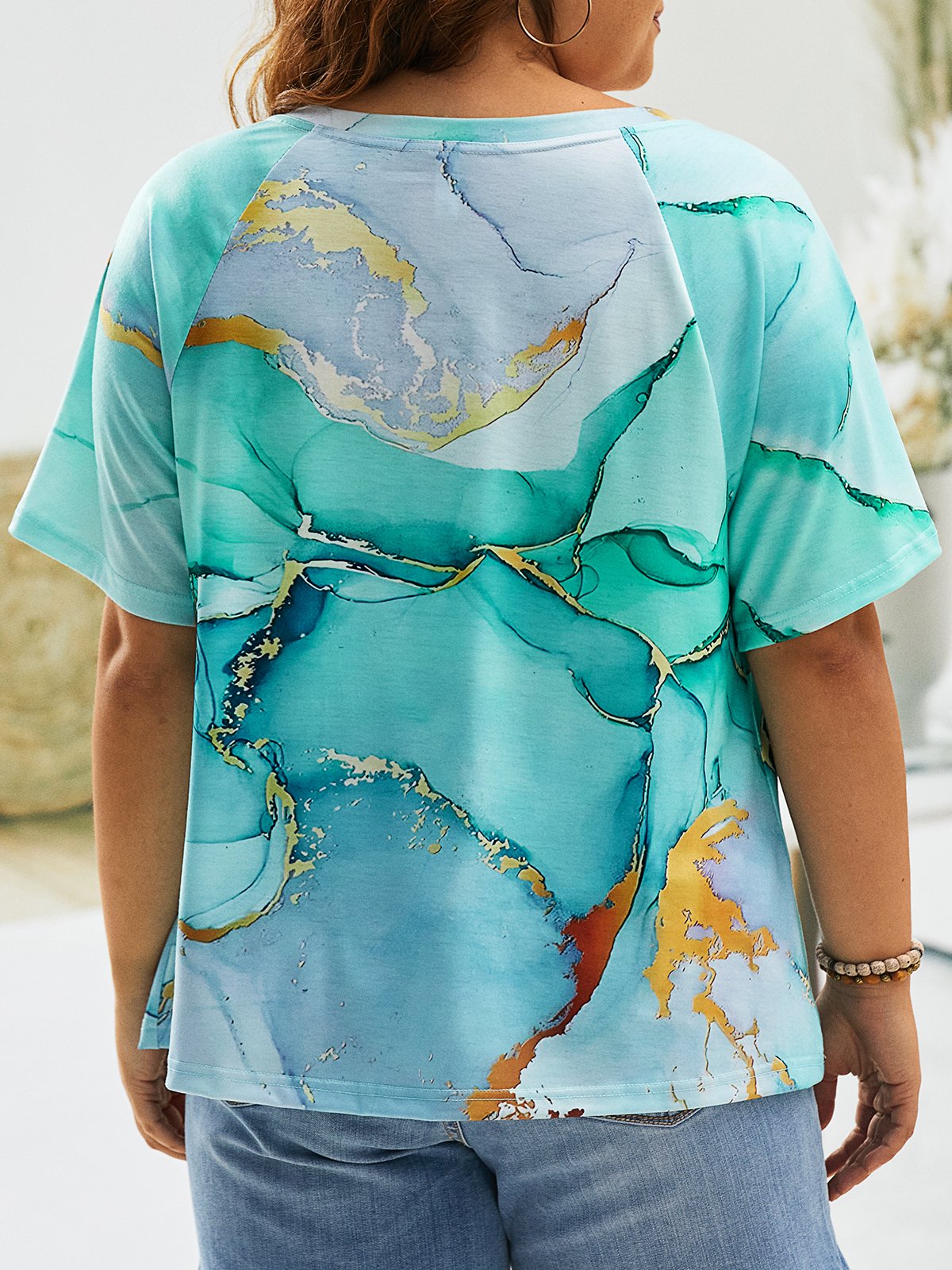 Plus Size Abstract Print V Neck Casual Jersey T-Shirt
