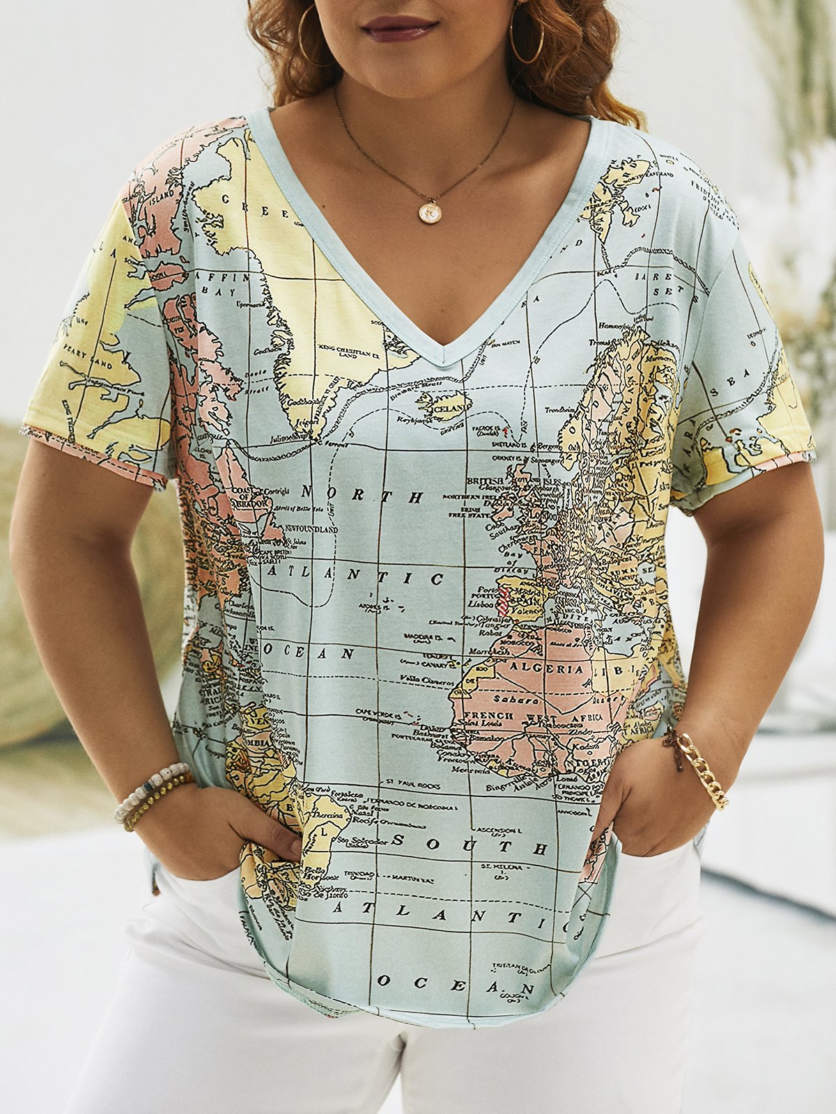 Plus Size Casual V Neck Jersey Map T-Shirt