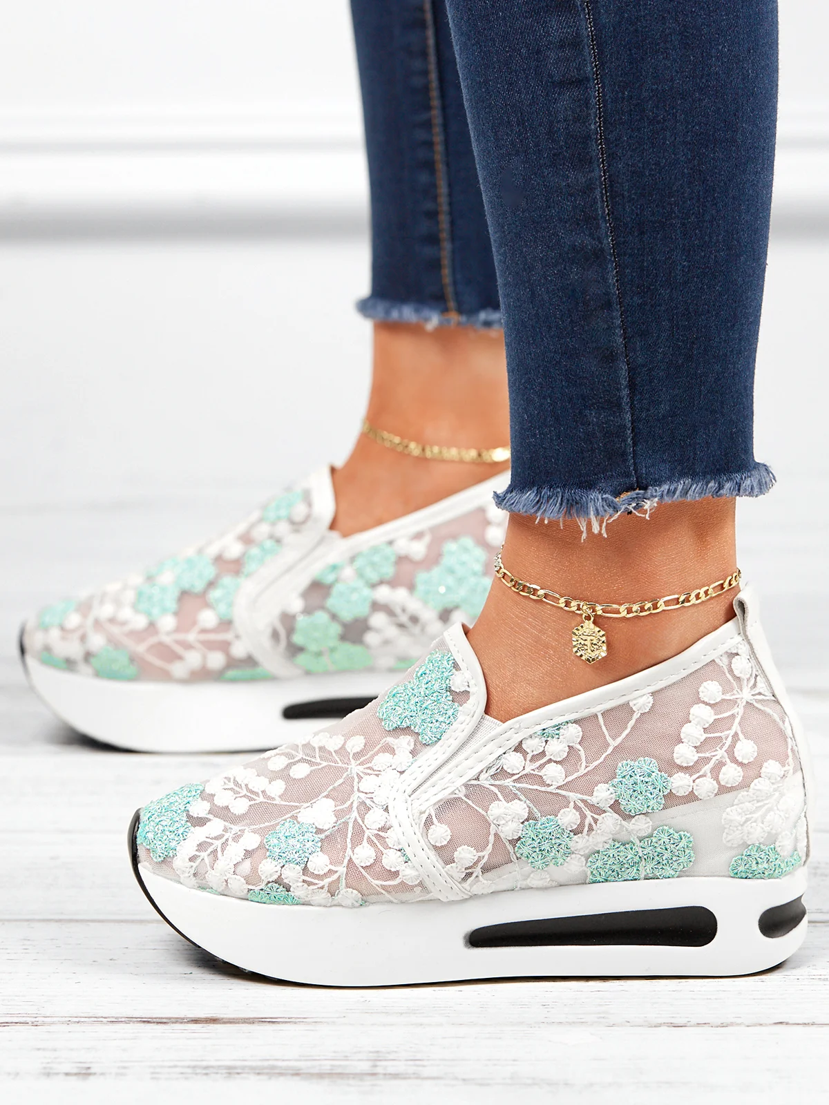 Floral Embroidery Breathable Sheer Mesh Sneakers | zolucky