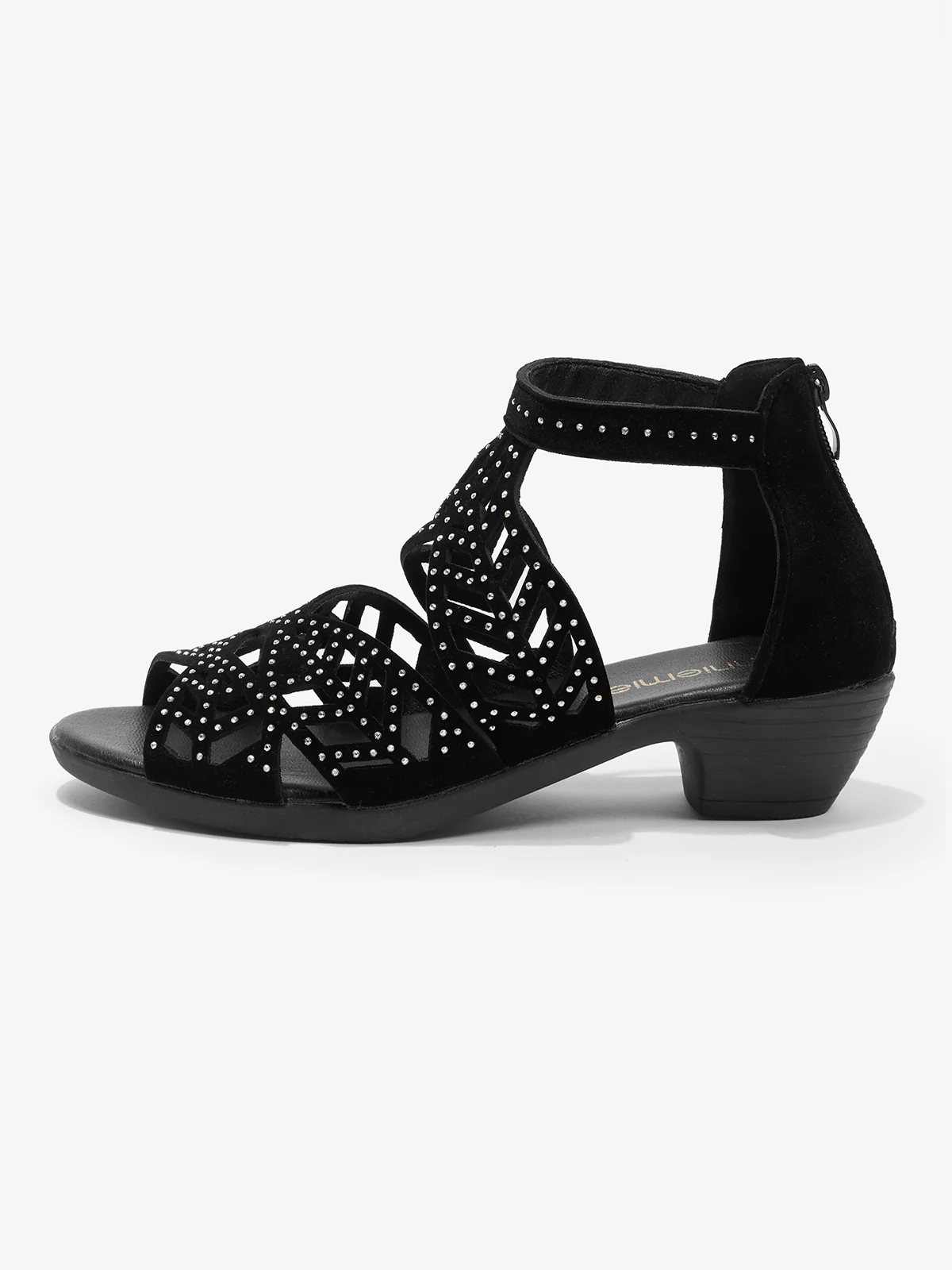 Black Ornate Rhinestone Hollow Upper Chunky Heel Sandals