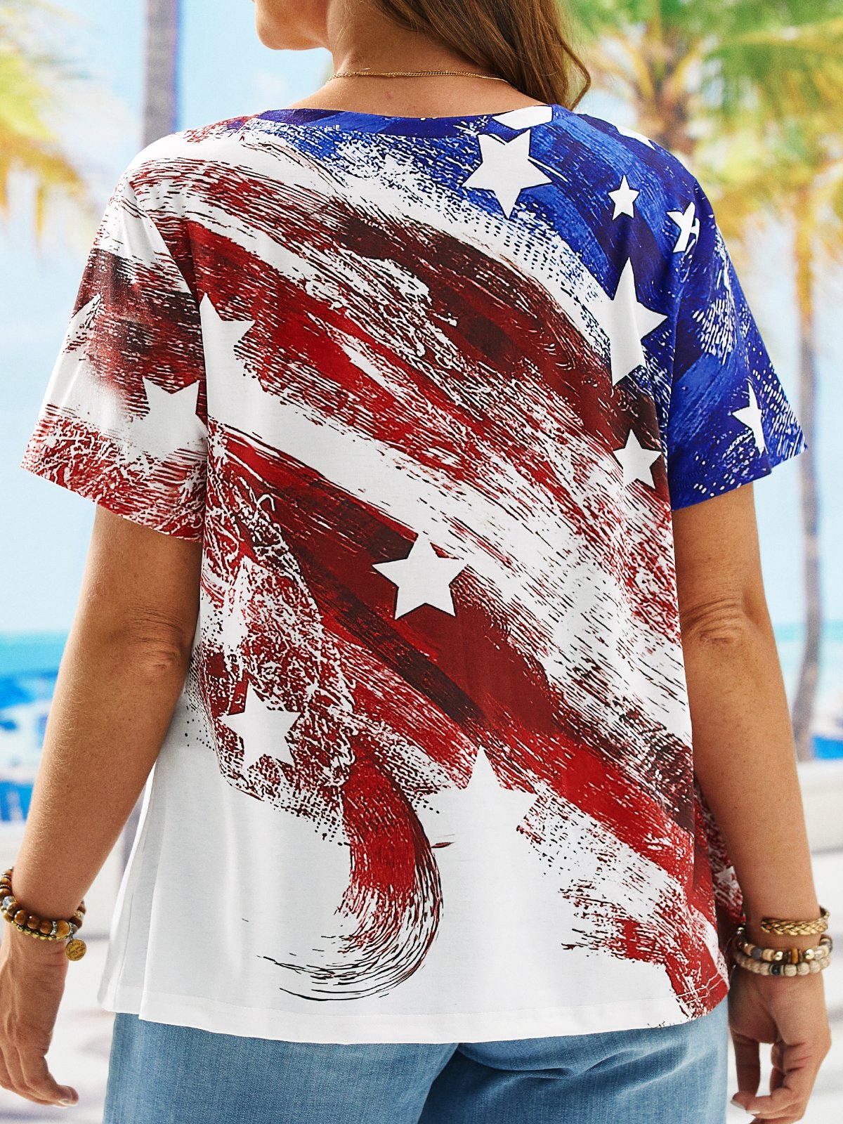 Plus Size Casual America Flag Crew Neck Loose Independence Day T-Shirt