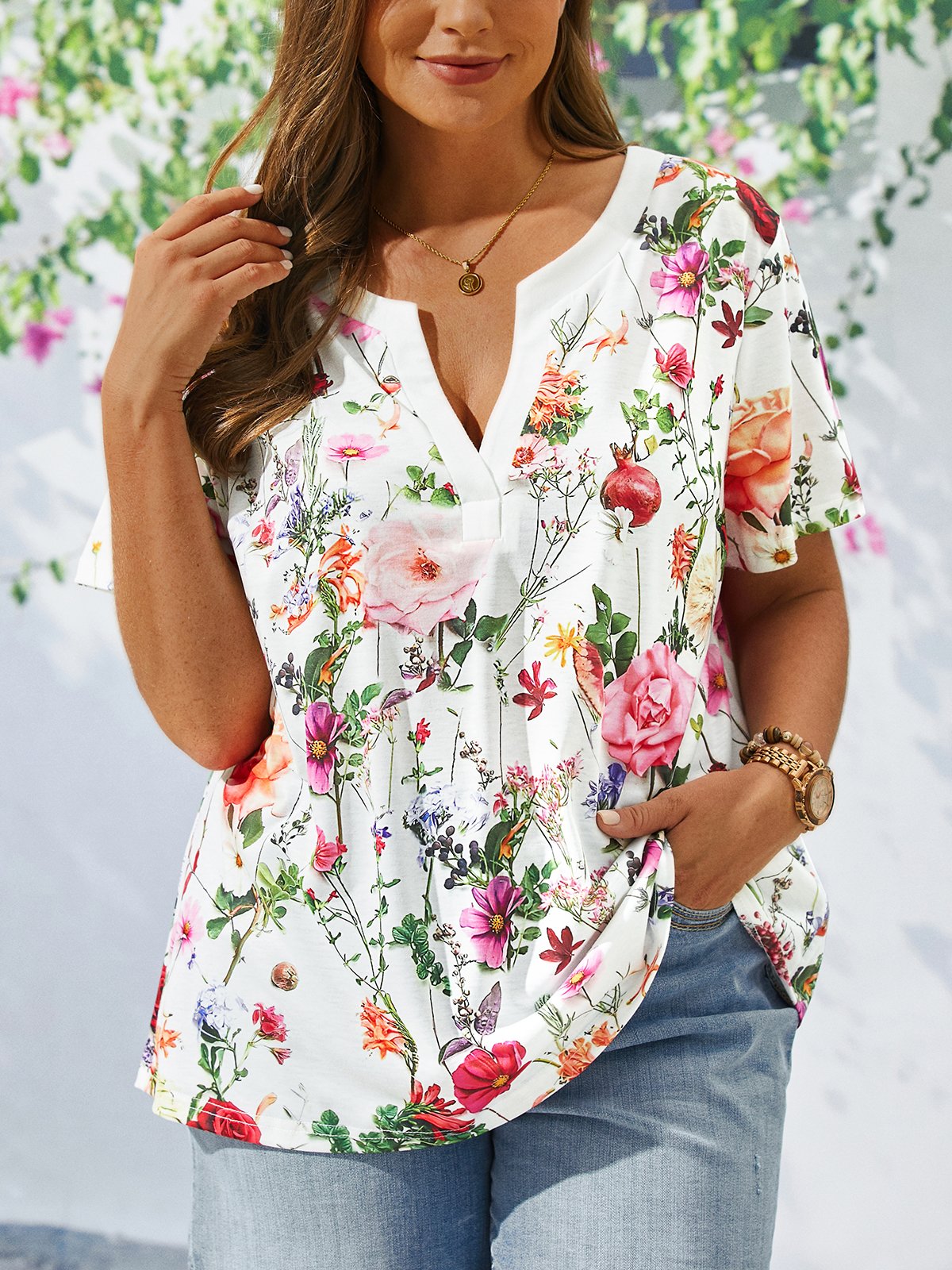 Plus Size Vacation Loose Jersey Floral T-Shirt