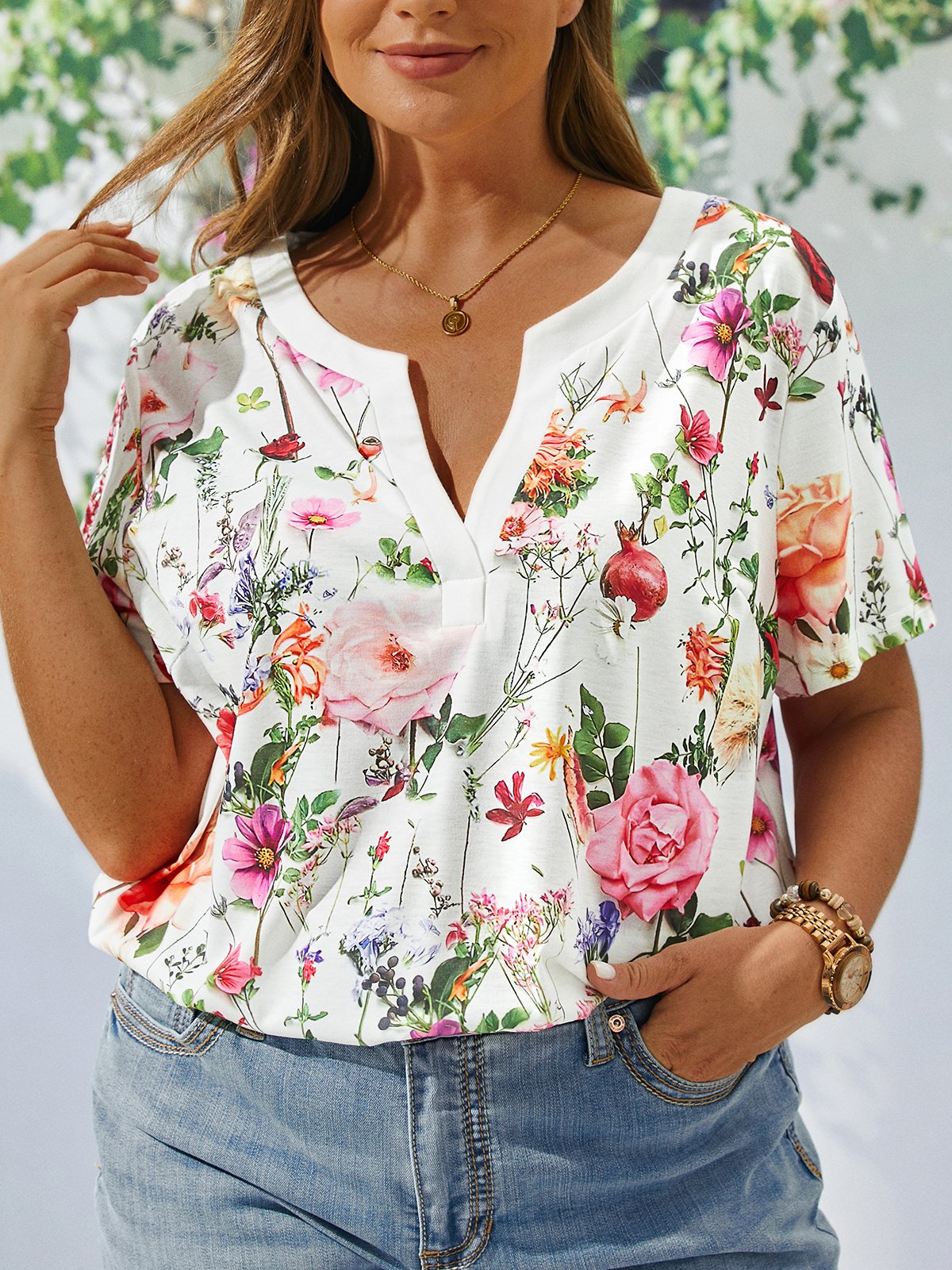 Plus Size Vacation Loose Jersey Floral T-Shirt