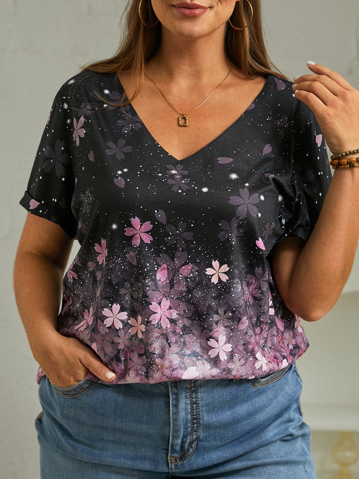 Plus Size Pink  Floral Knitted Casual Regular Fit T-Shirt