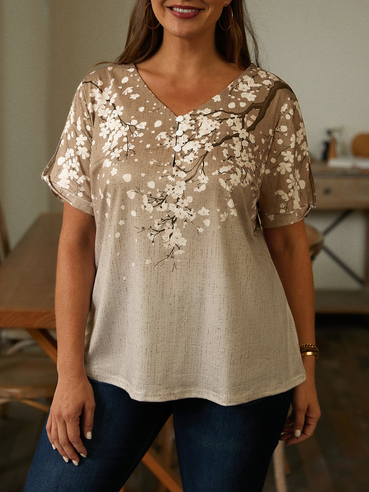 Plus Size V Neck Casual Loose T-Shirt