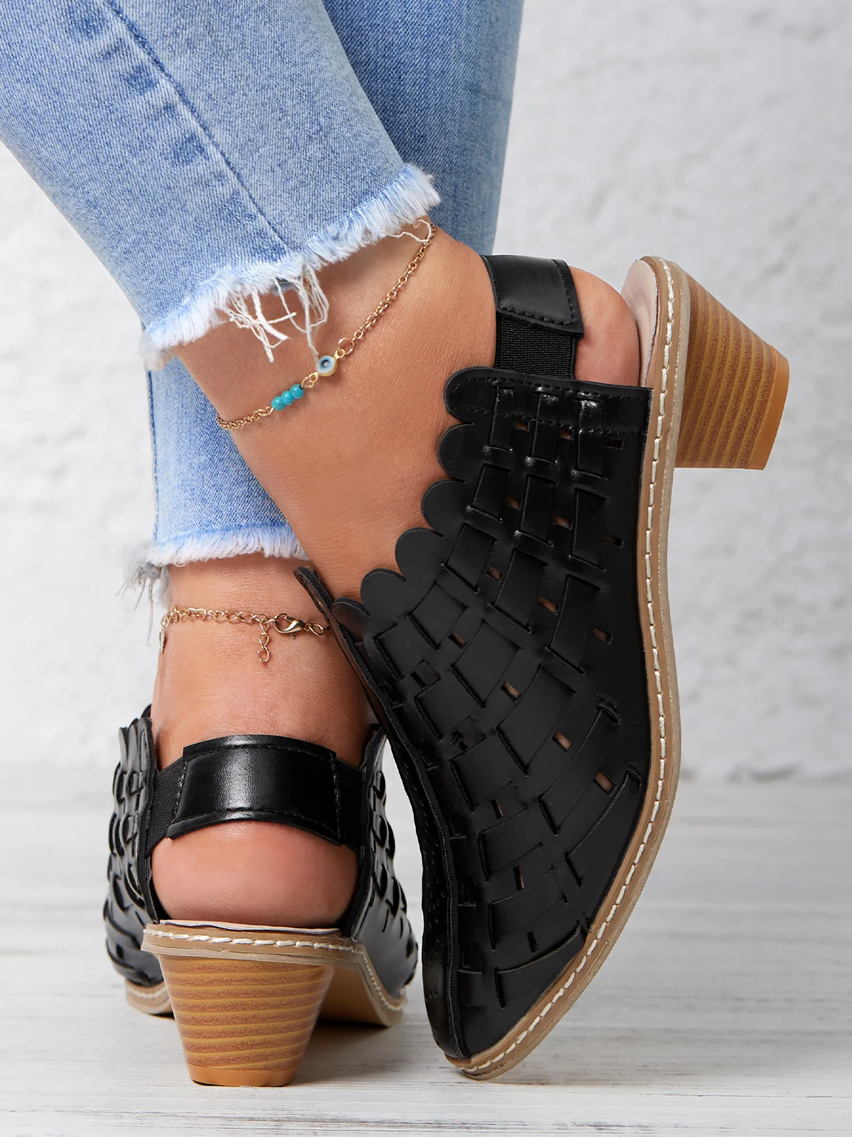 Vintage Weave Inlay Block Heels | zolucky