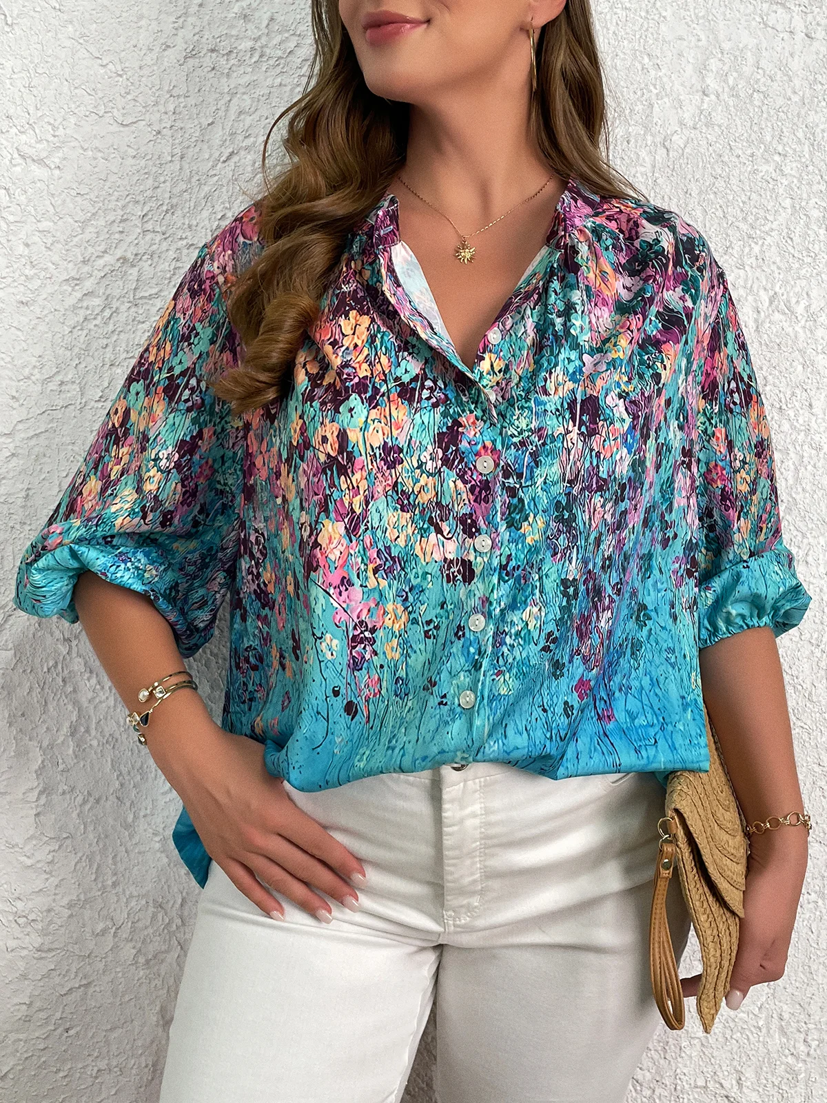 Plus Size 3/4 Sleeve Floral Casual Shirt Top