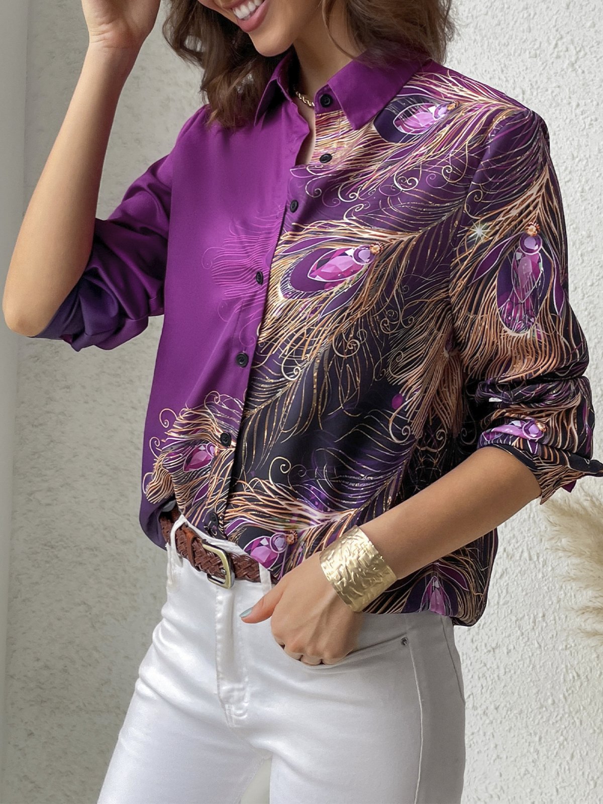 Casual Loose Shirt Collar Peacock Feather Pattern Long Sleeve Blouse