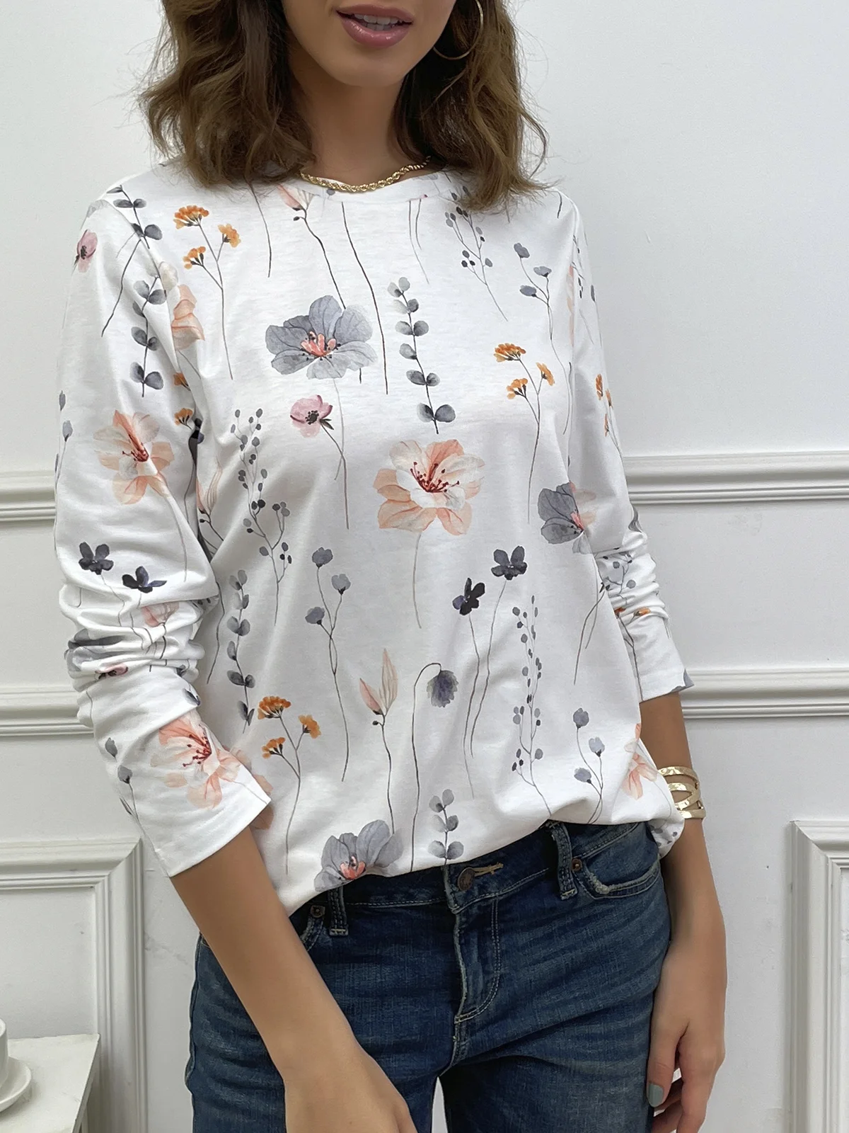 Country Floral Printed Casual Loose Crew Neck Knit Long Sleeve T-Shirt