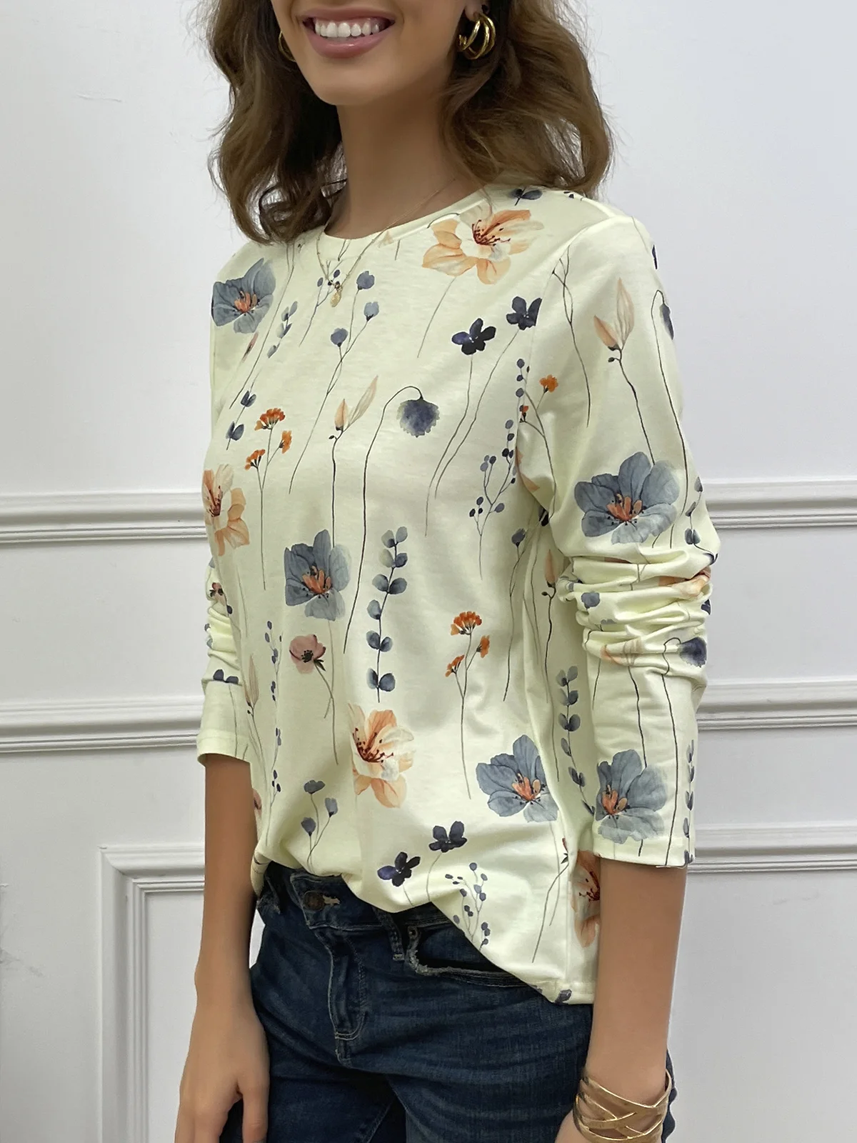 Country Floral Printed Casual Loose Crew Neck Knit Long Sleeve T-Shirt