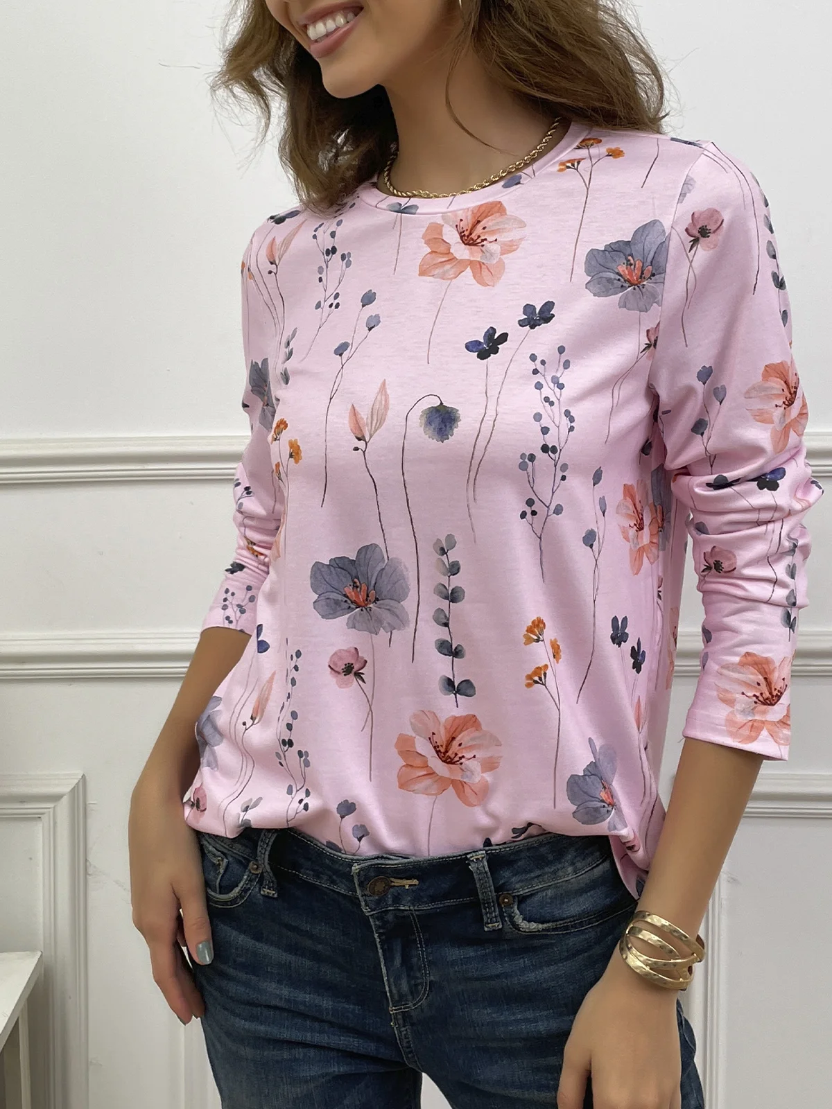 Country Floral Printed Casual Loose Crew Neck Knit Long Sleeve T-Shirt