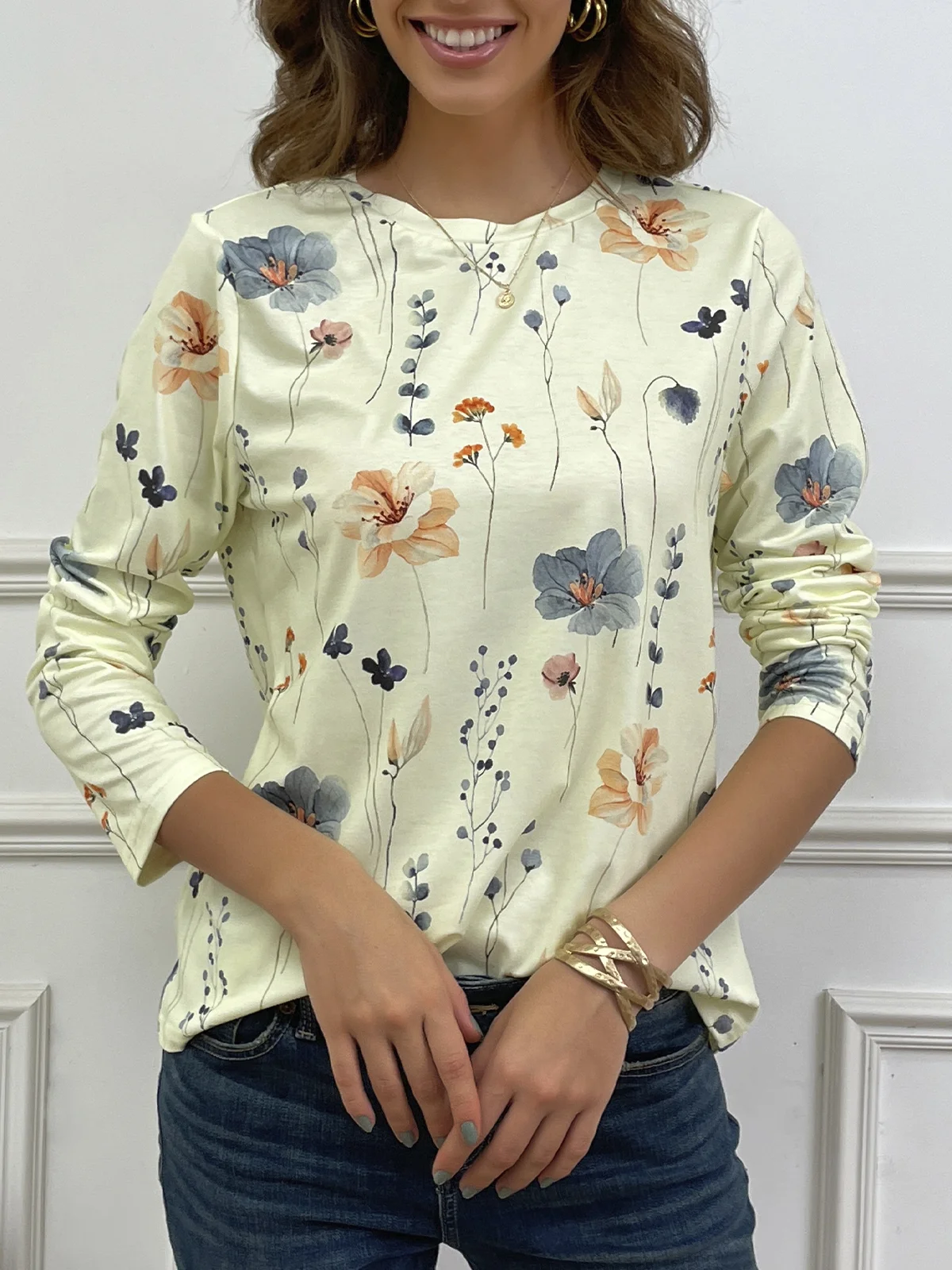 Country Floral Printed Casual Loose Crew Neck Knit Long Sleeve T-Shirt