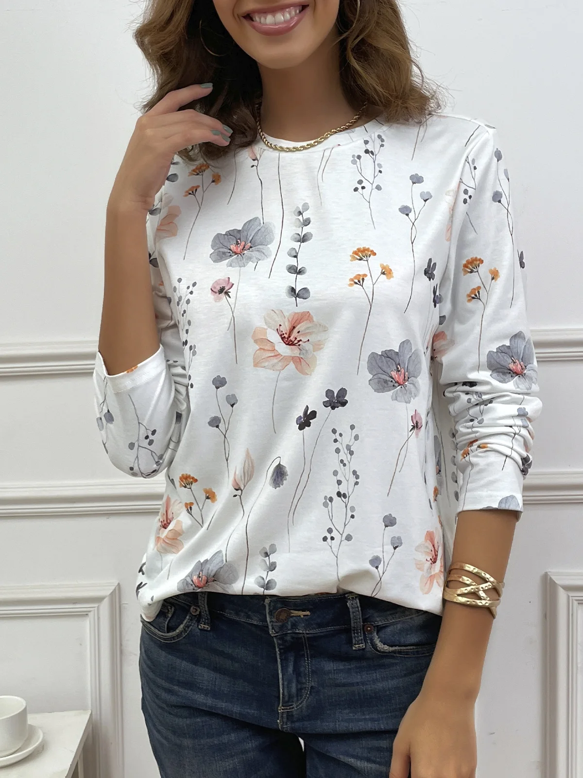 Country Floral Printed Casual Loose Crew Neck Knit Long Sleeve T-Shirt