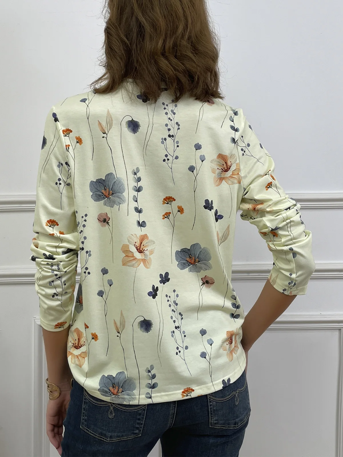 Country Floral Printed Casual Loose Crew Neck Knit Long Sleeve T-Shirt