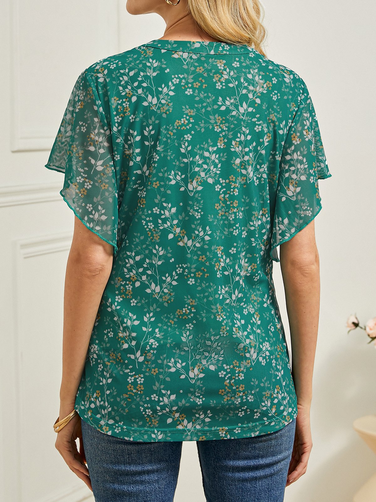 Casual V Neck Floral Loose Shirt