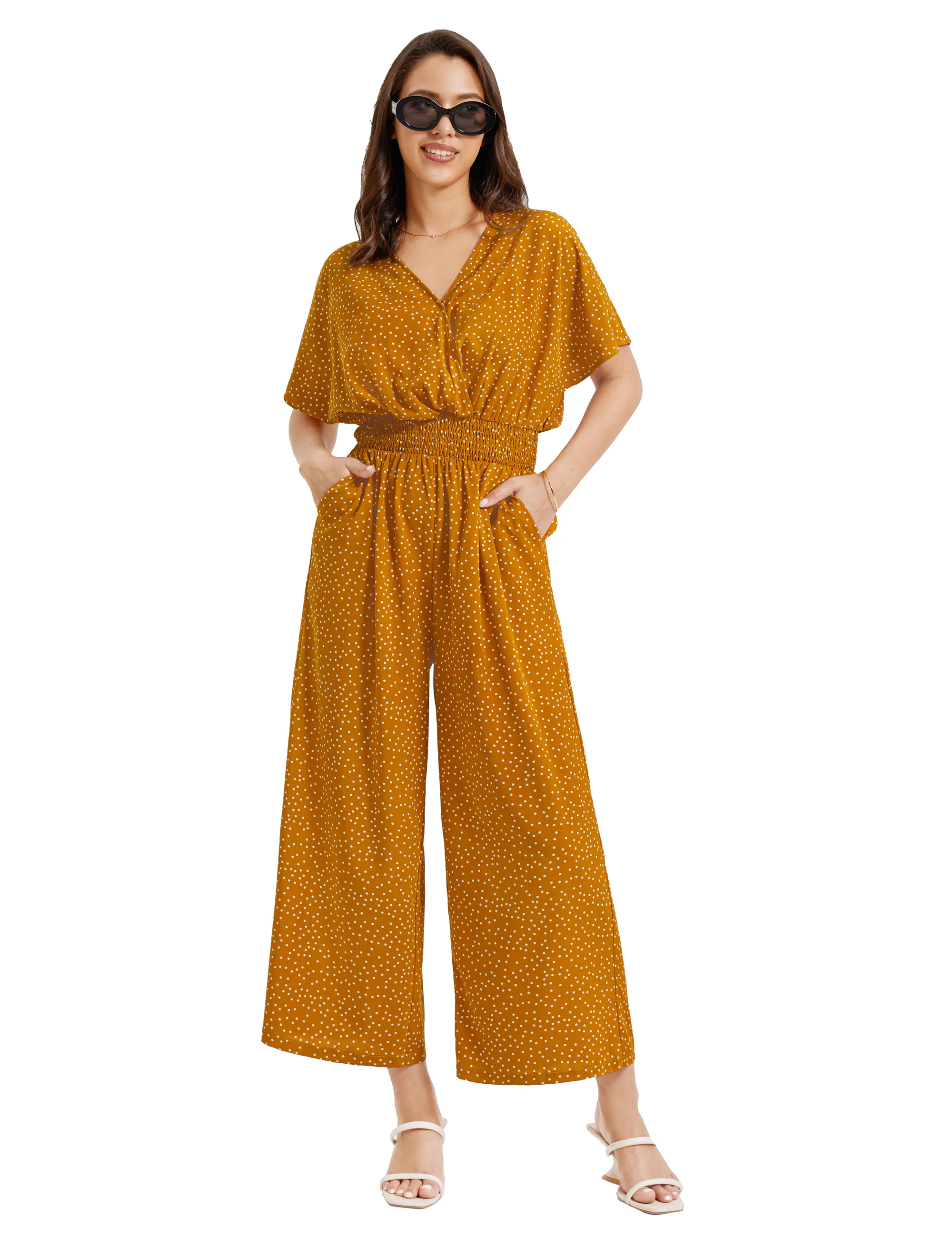 Loose Polka Dots Casual Cross Neck Jumpsuit