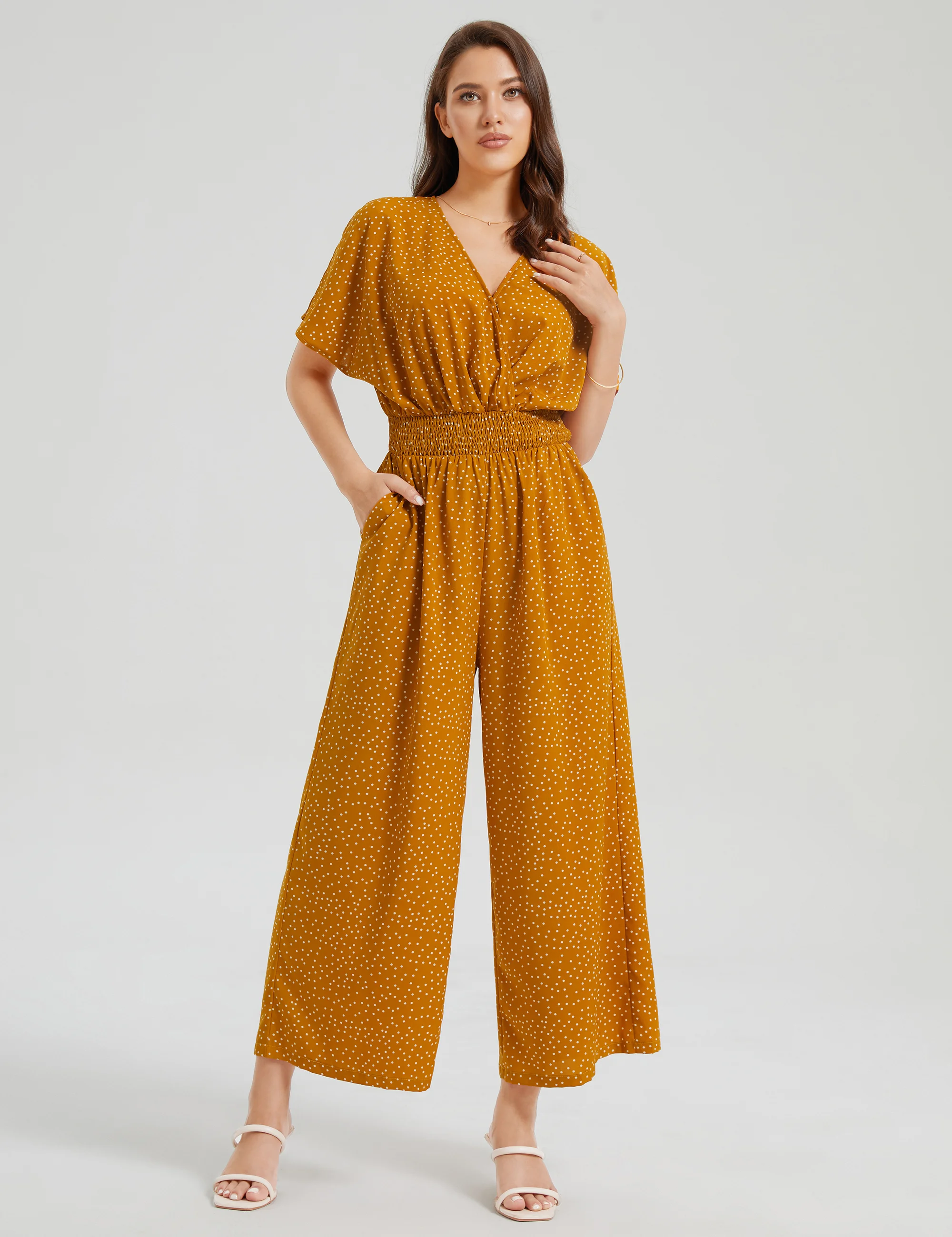 Loose Polka Dots Casual Cross Neck Jumpsuit