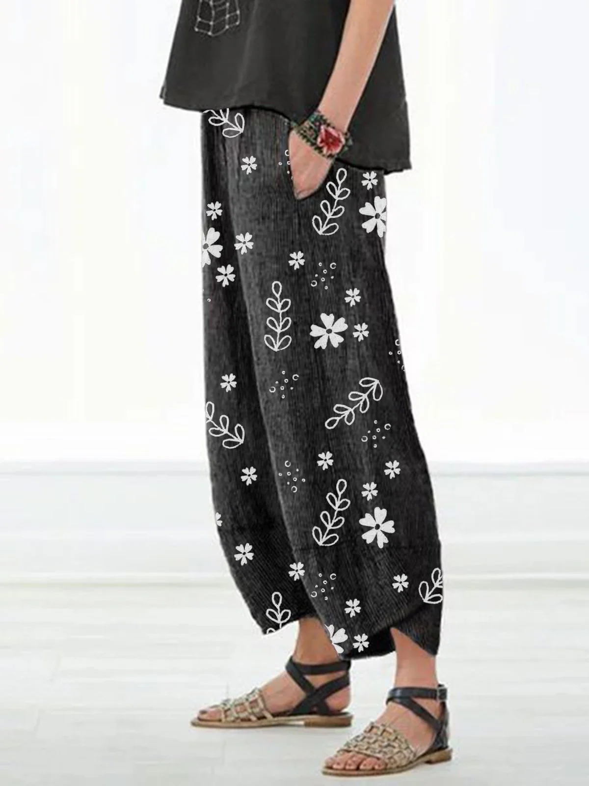 Women Casual Floral Printed CottonPockets Pants