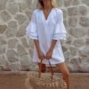 Zolucky White Solid Half Sleeve V Neck Mini Summer Weaving Dress