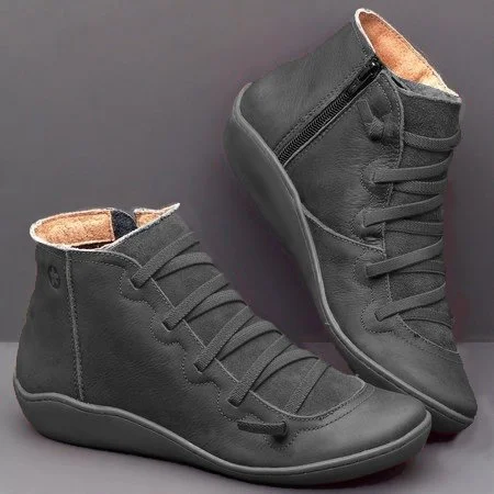 Women Leather Flat Heel PU Boots | zolucky
