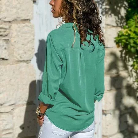 Women Long Sleeve Turn-Down Collar Solid Cotton-Blend Shirt