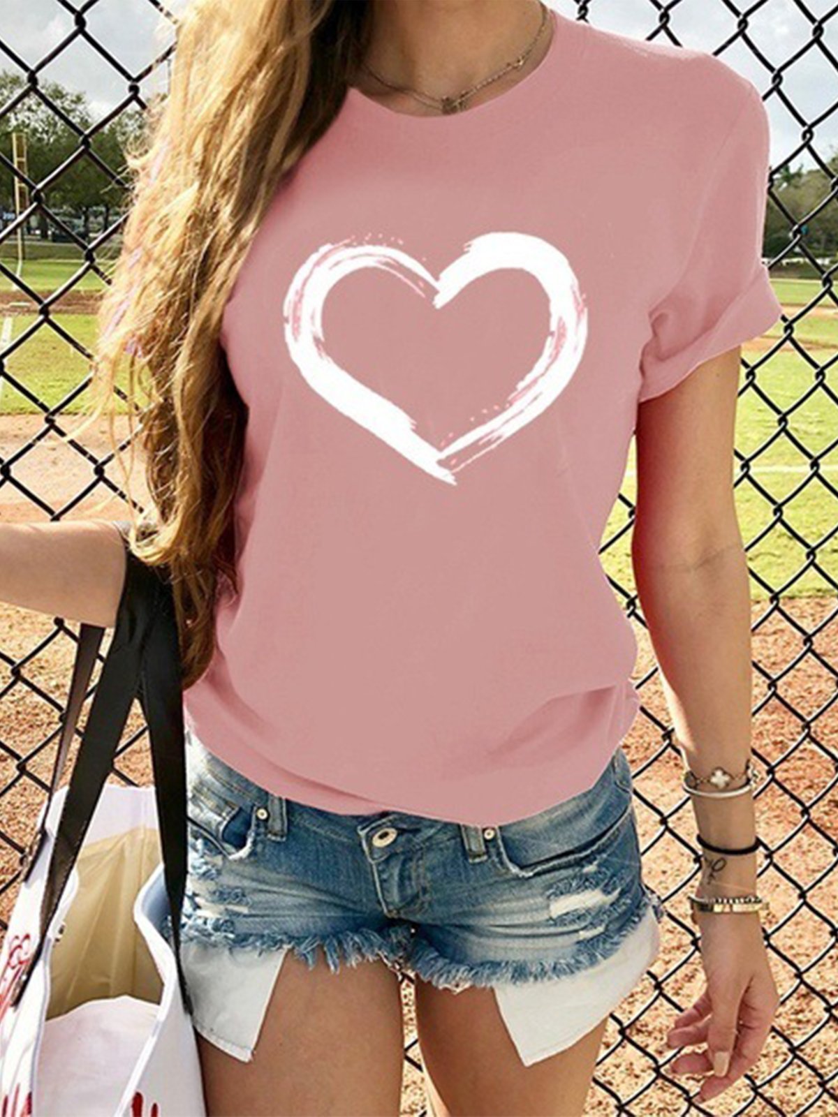 Women Short Sleeve Heart Printed Casual T-shirt