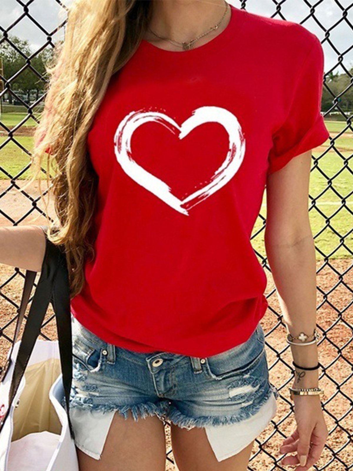 Women Short Sleeve Heart Printed Casual T-shirt