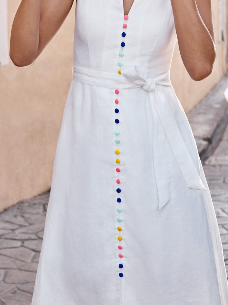 White V Neck Sleeveless Color-Block A-Line Weaving Dress