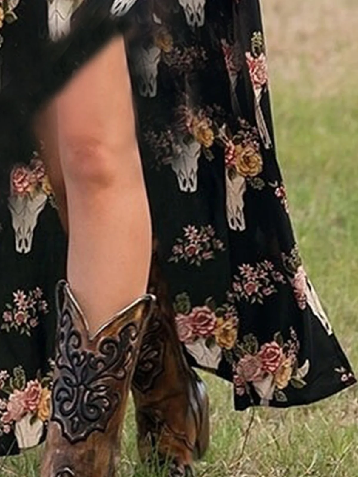 Vintage Boho Horns Floral Printed Plus Size Short Sleeve V Neck Casual Holiday Weaving Dress