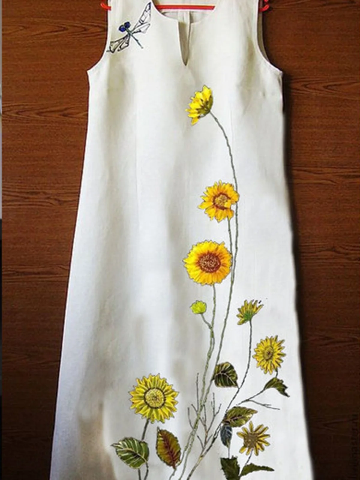 White Floral Crew Neck Sleeveless Cotton-Blend SunDress