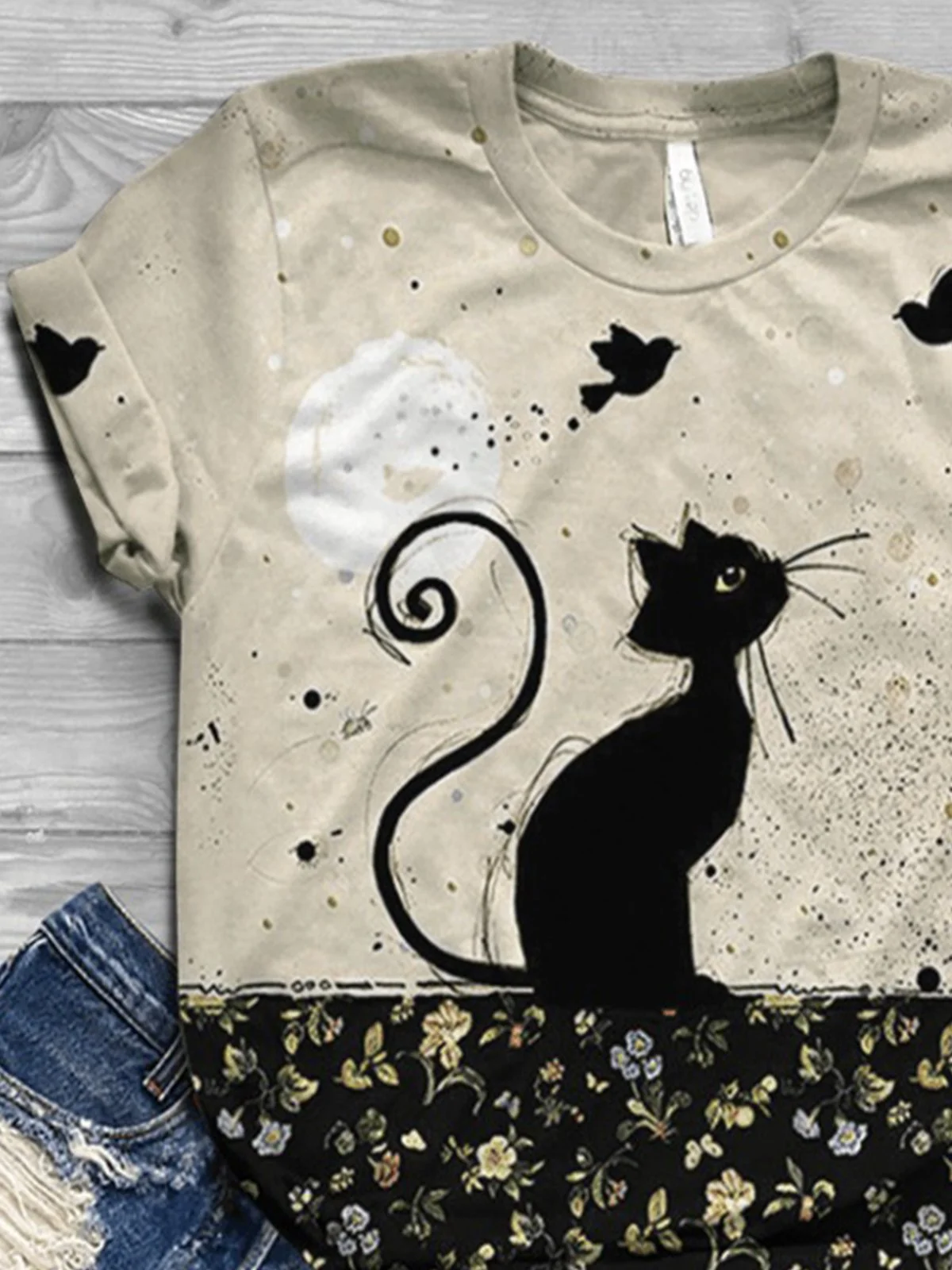 Women Plus Size Cat Printed Casual Cotton-Blend Vintage T-shirts