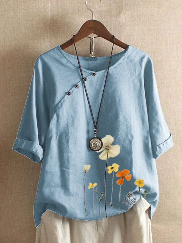 Floral 3/4 Sleeve Casual Round Neck Top