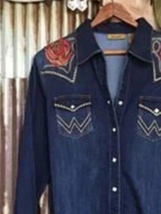 Long casual embroidered denim shirt