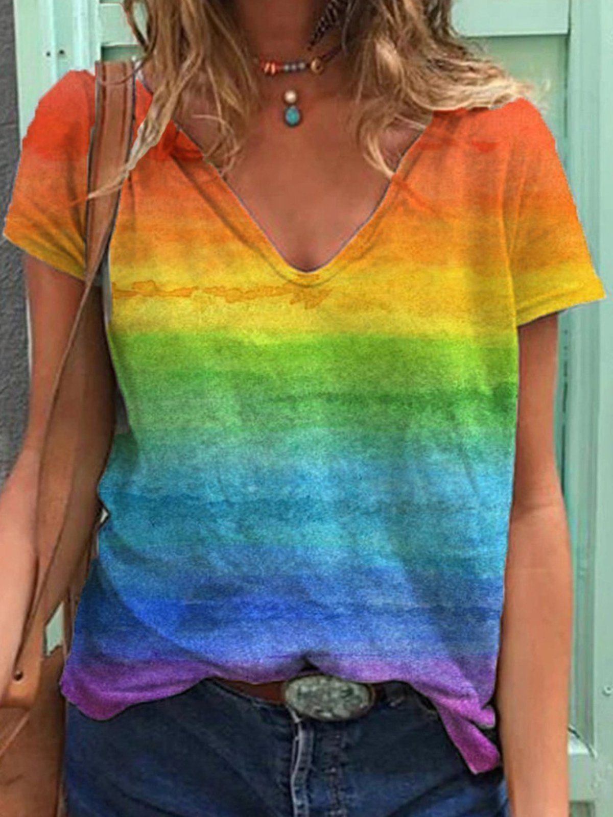 Women Casual Cotton-Blend Rainbow Color-block V Neck T-Shirt