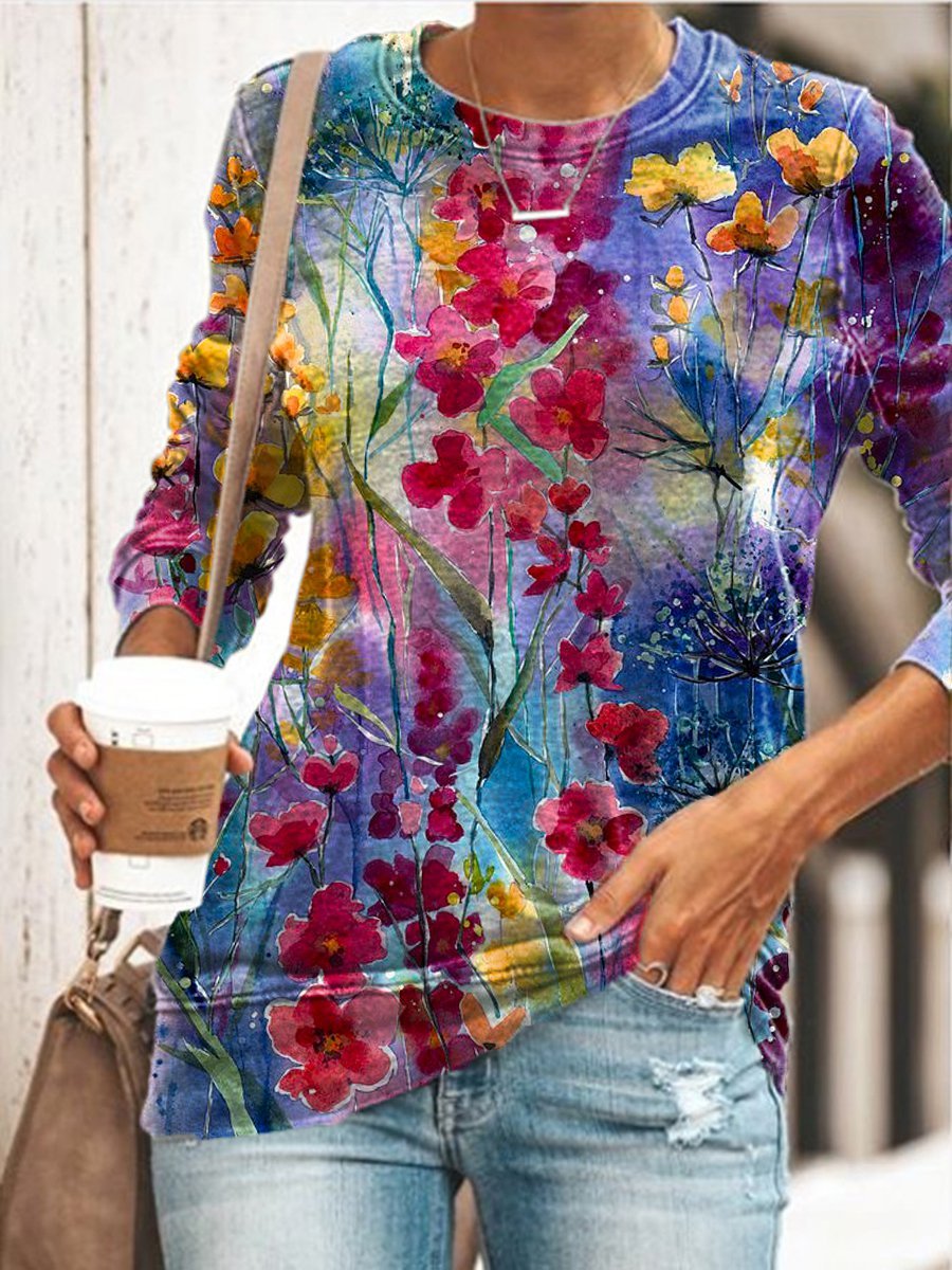 Women Colorful Flower Print Crew Neck Long Sleeves Shirt | zolucky