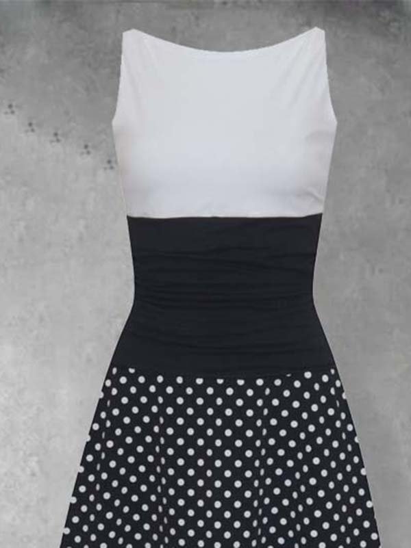 Polka Dots Cotton-Blend Sleeveless Casual Crew Neck Knitting Dress