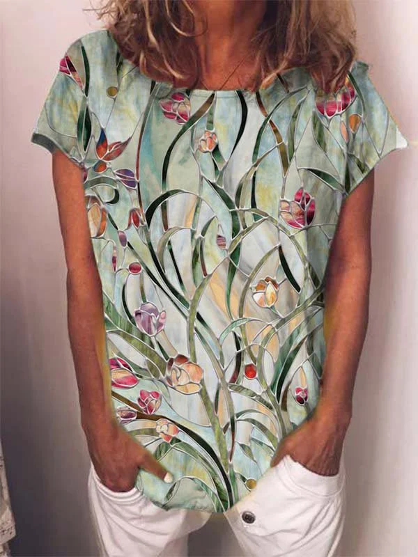 Women's Short Sleeve Crew Neck Floral Printed Tops | zolucky