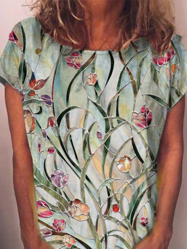 Women's Short Sleeve Crew Neck Floral Printed Tops