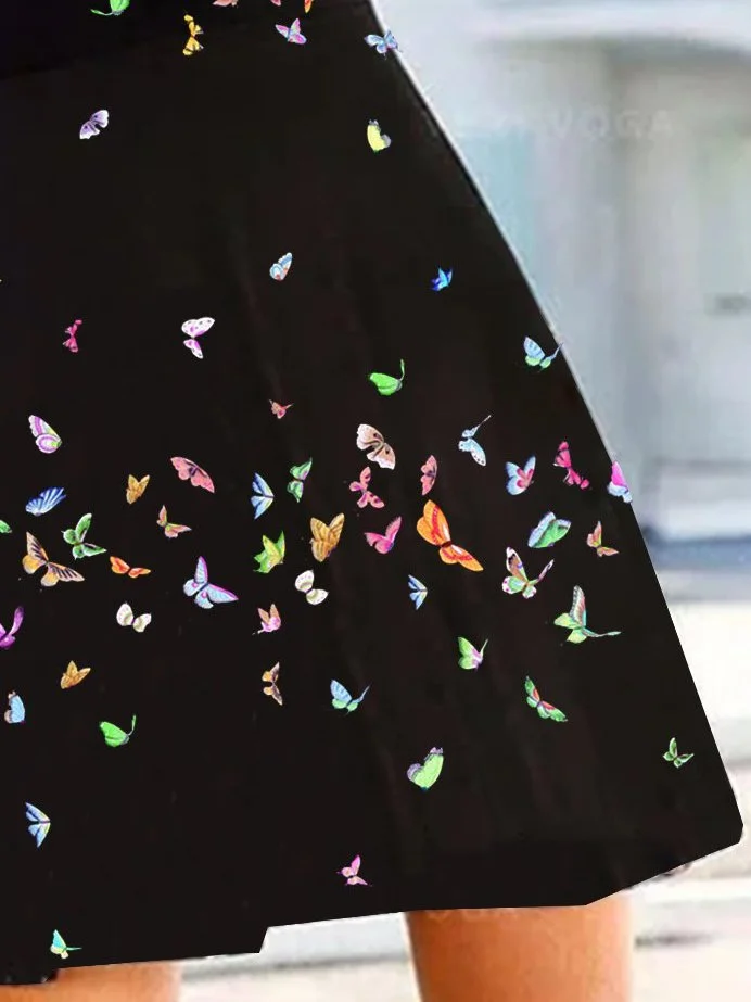 Cotton-Blend Butterfly V Neck Short Sleeve Knitting Dress