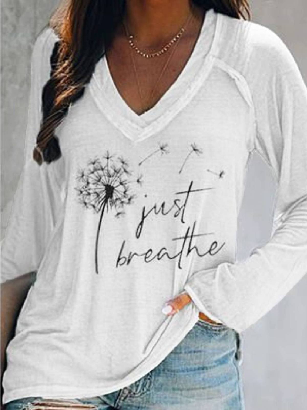 Casual Long Sleeve Floral-Print V Neck T-shirt