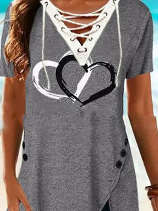 V Neck Short Sleeve Sweet Shift Heart Printed T-shirt