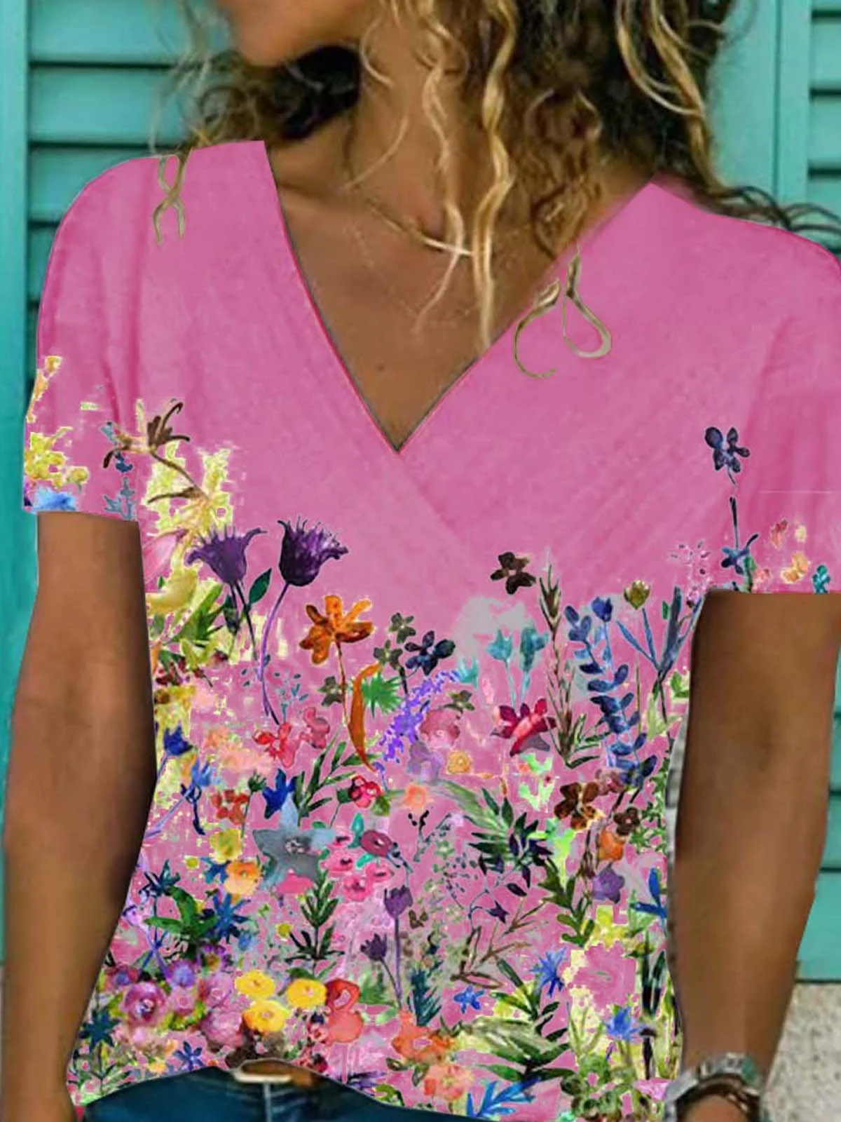 Floral  Short Sleeve Printed  Cotton-blend  V neck Casual  Summer  Pink Top